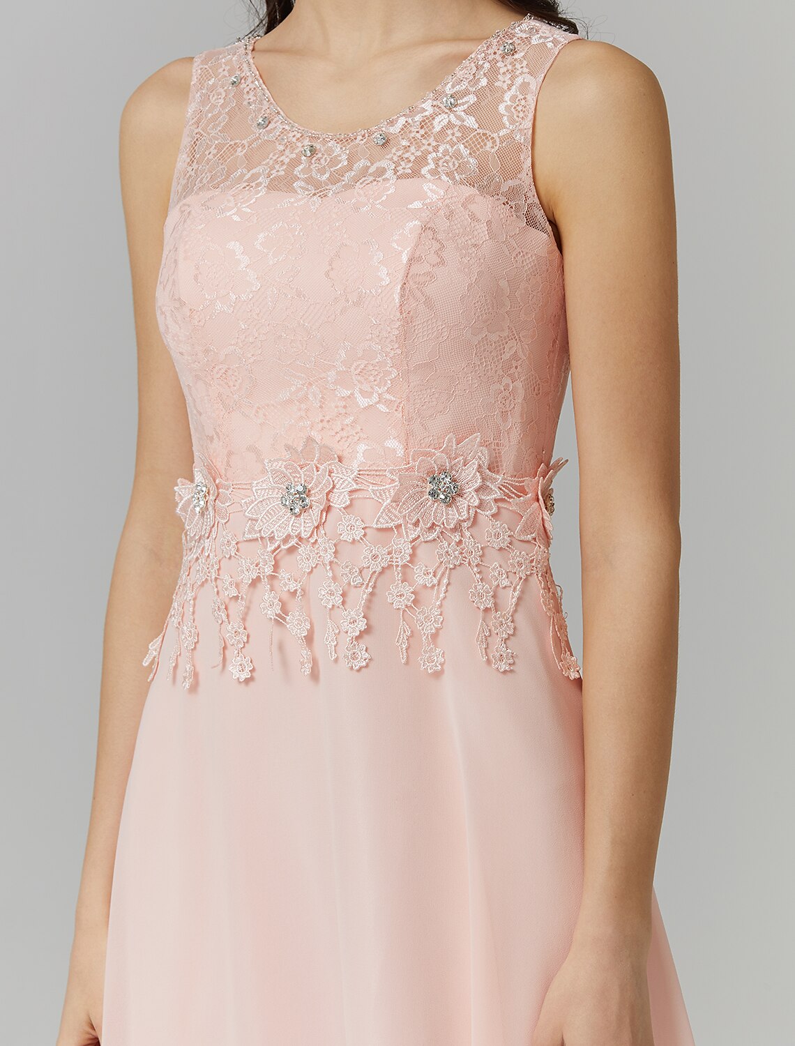 Full length view of the Weitese A-Line Empire dress, flowing chiffon skirt.