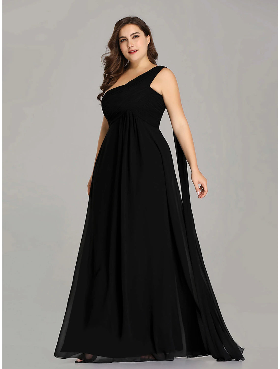 Elegant A-line empire one-shoulder chiffon evening gown with pleats and draping.