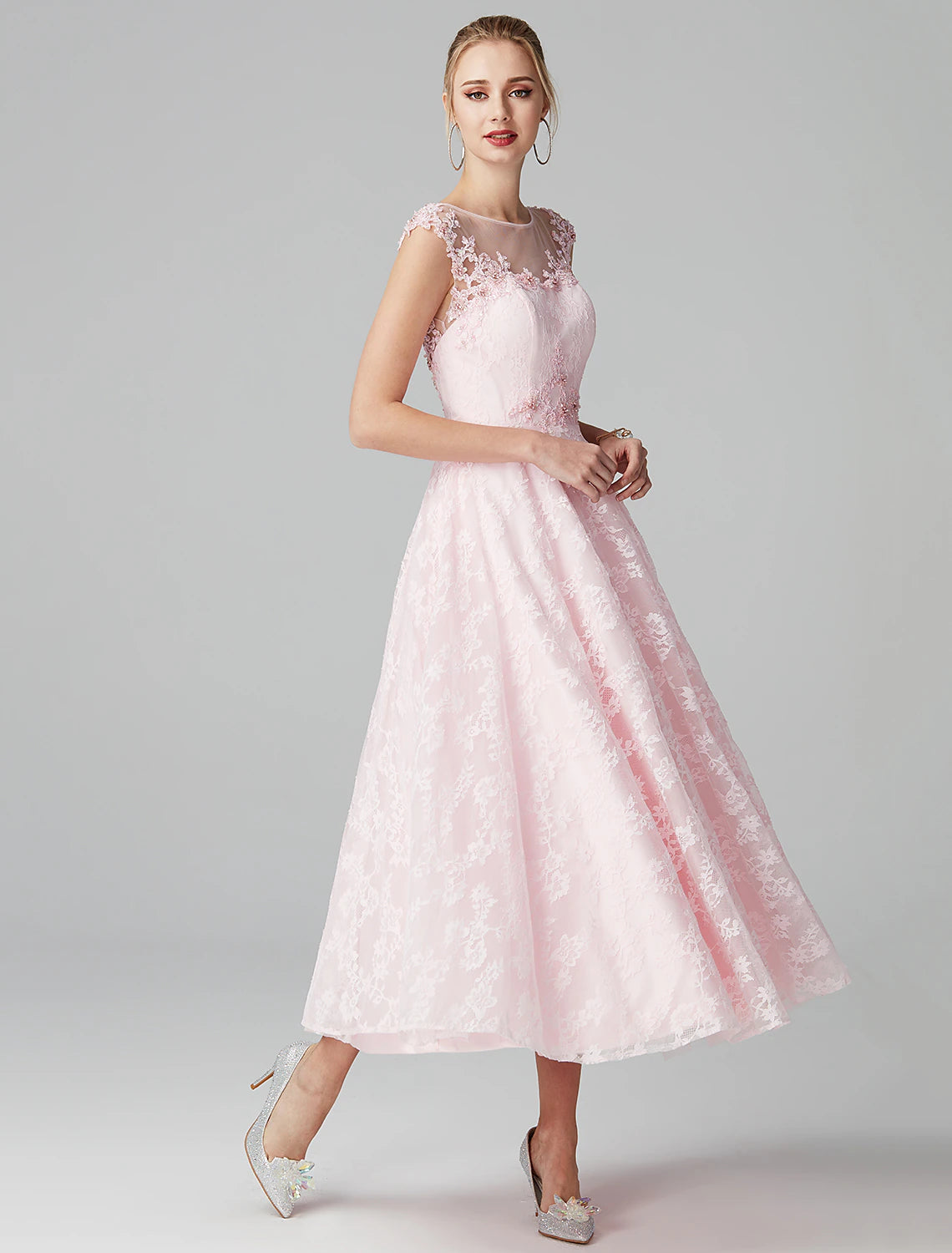 Back view of Weitese A-Line dress with lace appliques and zipper.