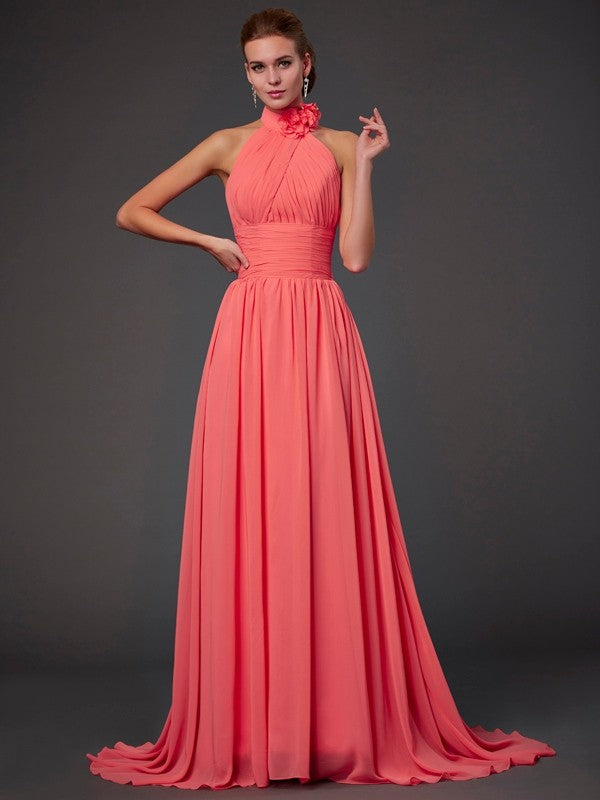 Elegant A-Line halter chiffon long bridesmaid dress.