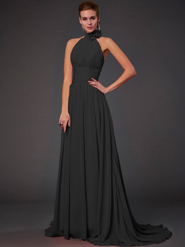 Back view of flowing A-Line long bridesmaid dress.
