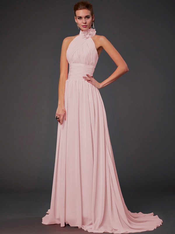 Side view of a long chiffon bridesmaid dress with A-line silhouette.