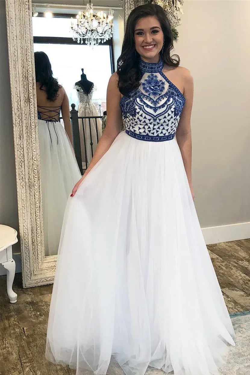 Elegant A-Line Halter Neck Embroidered Lace Tulle Maxi Prom Dress