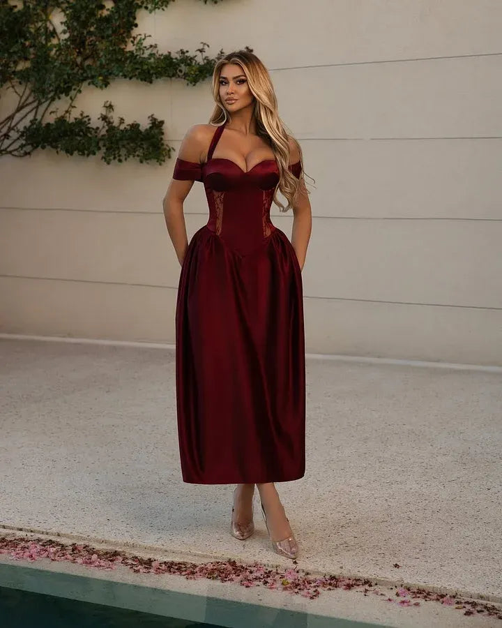 Elegant A-Line Halter Neck Off-The-Shoulder Lace Corset Satin Midi Dress