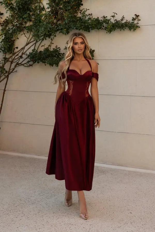 Elegant A-Line Halter Neck Off-The-Shoulder Lace Corset Satin Midi Dress