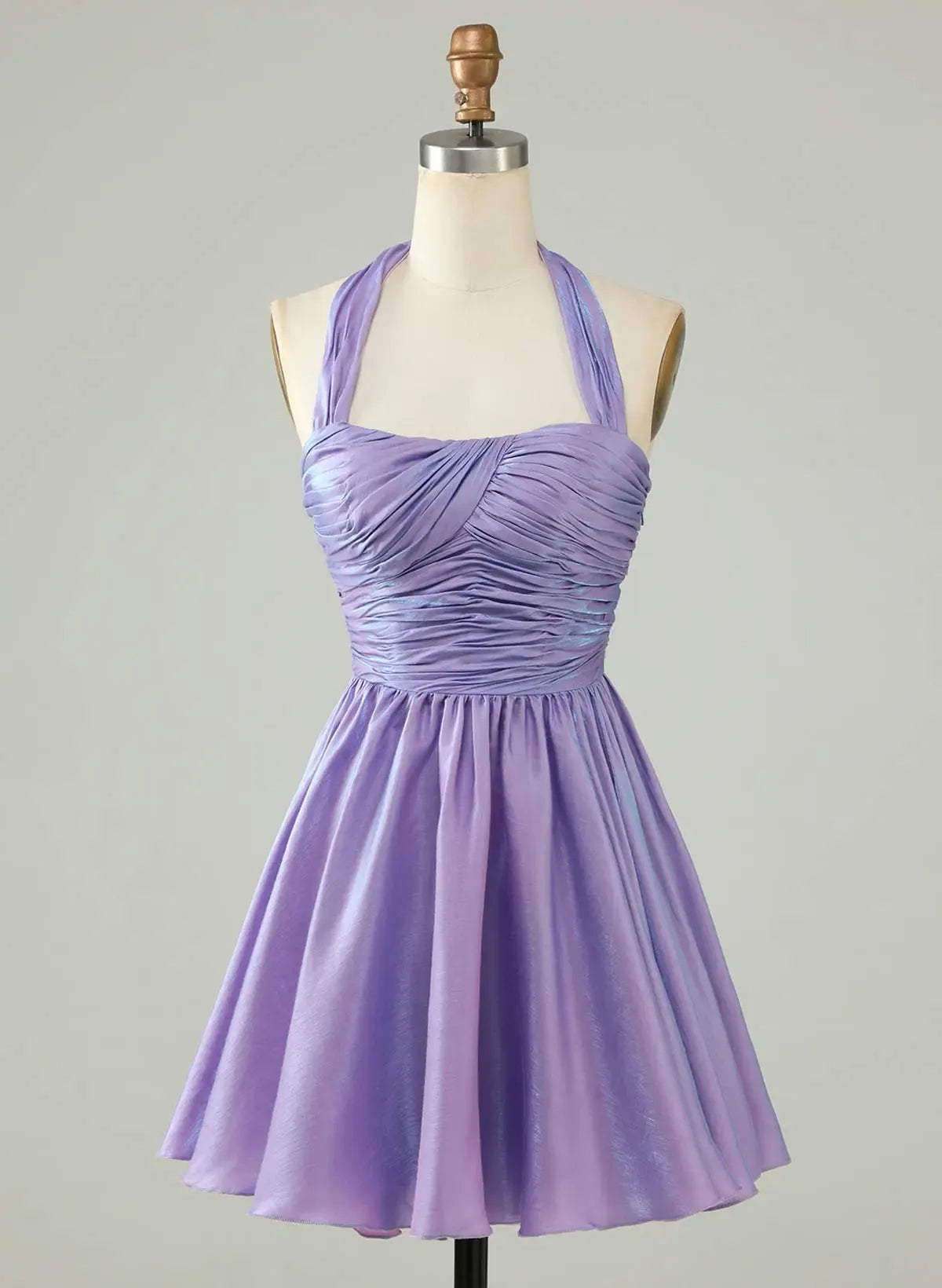 Elegant A-Line Halter Neck Ruched Bodice Shimmer Chiffon Lavender Mini Homecoming Dress