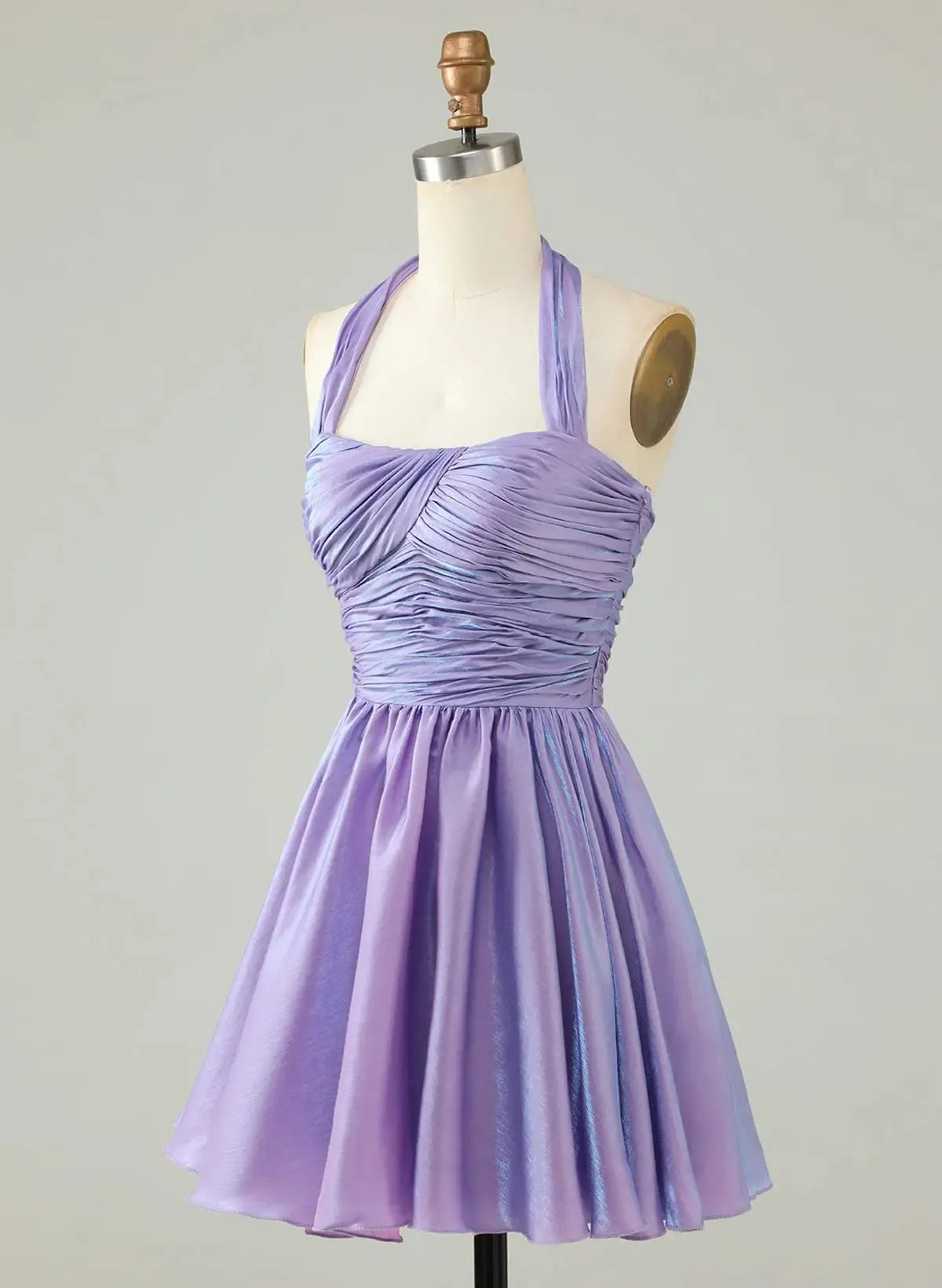 Elegant A-Line Halter Neck Ruched Bodice Shimmer Chiffon Lavender Mini Homecoming Dress