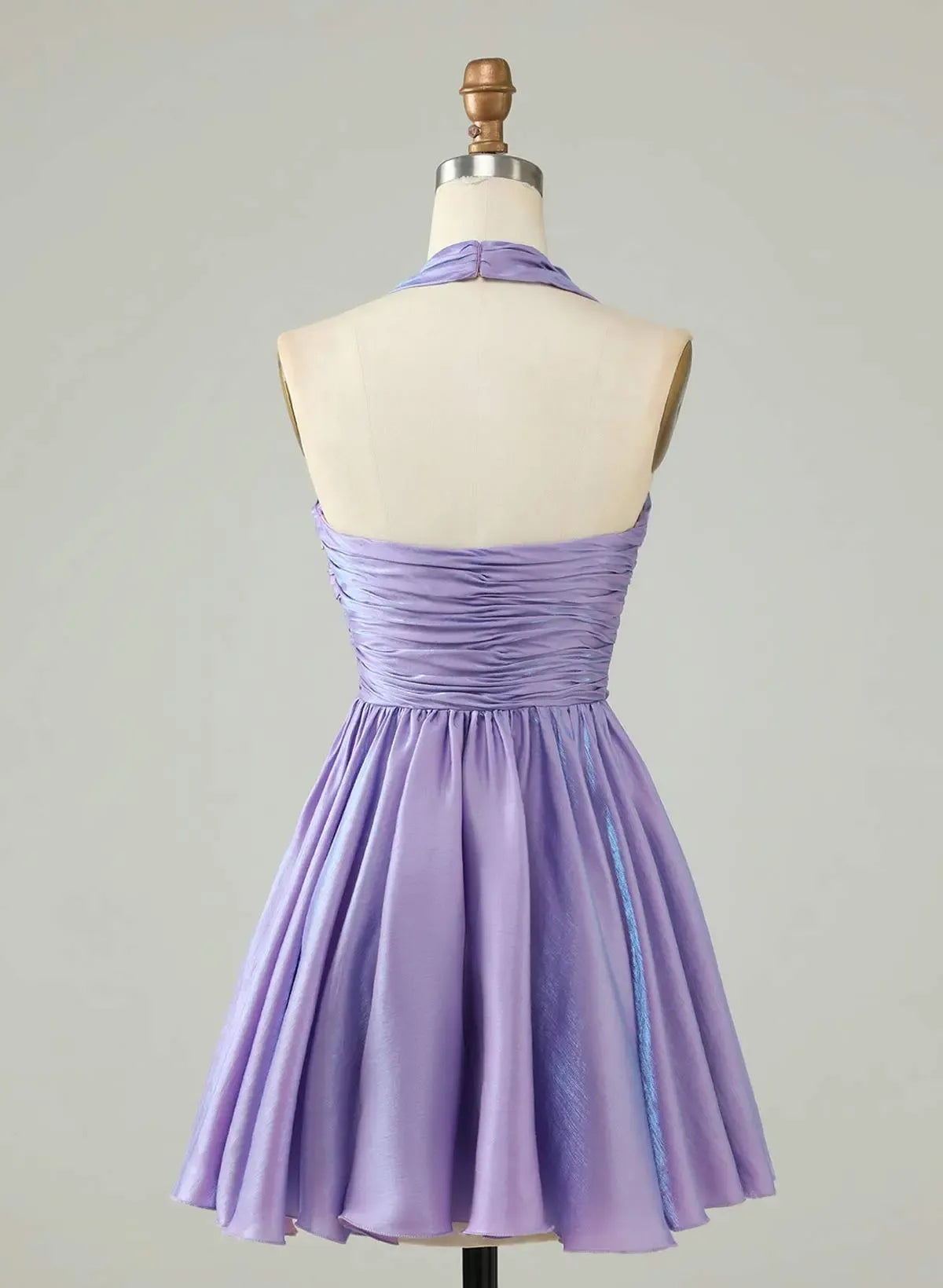 Elegant A-Line Halter Neck Ruched Bodice Shimmer Chiffon Lavender Mini Homecoming Dress