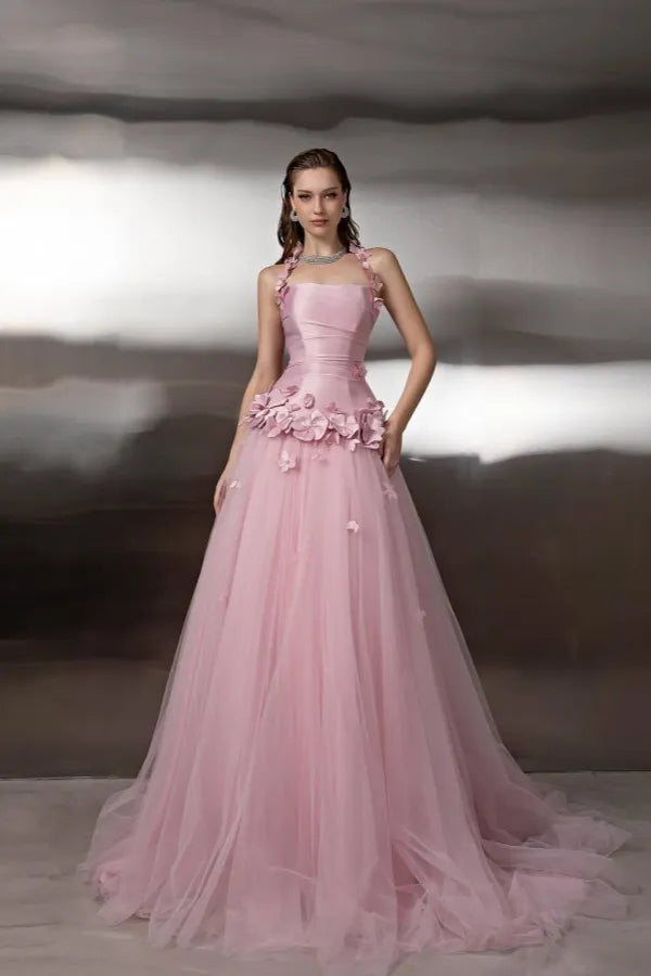 Elegant A-Line Halter Neck Sleeveless 3D-Flower Tulle Evening Dress With Train