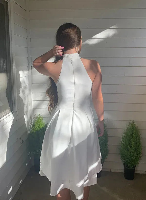Elegant A-Line Halter Neck Sleeveless Pleated Asymmetrical Hem White Mini Homecoming Dress
