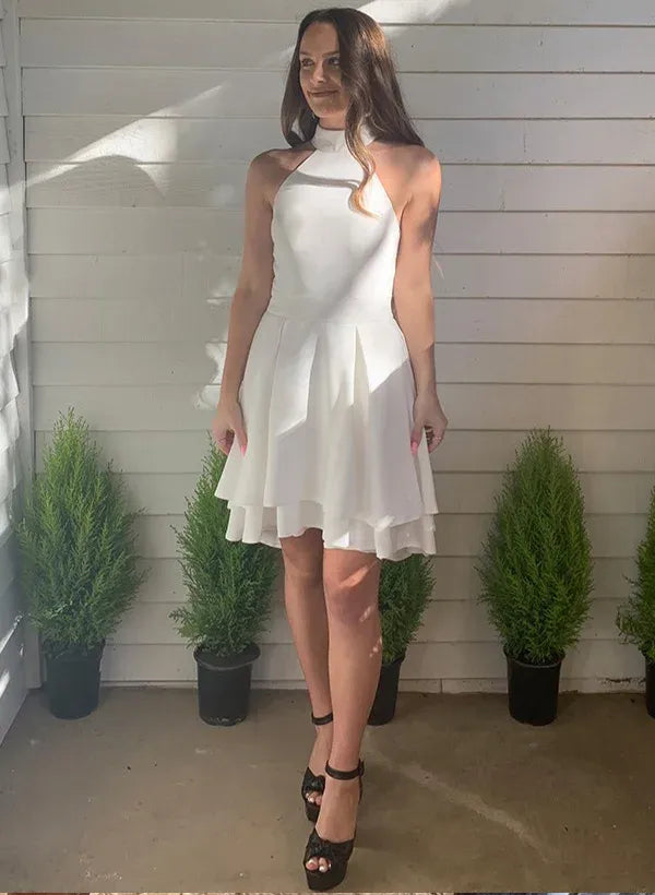 Elegant A-Line Halter Neck Sleeveless Pleated Asymmetrical Hem White Mini Homecoming Dress