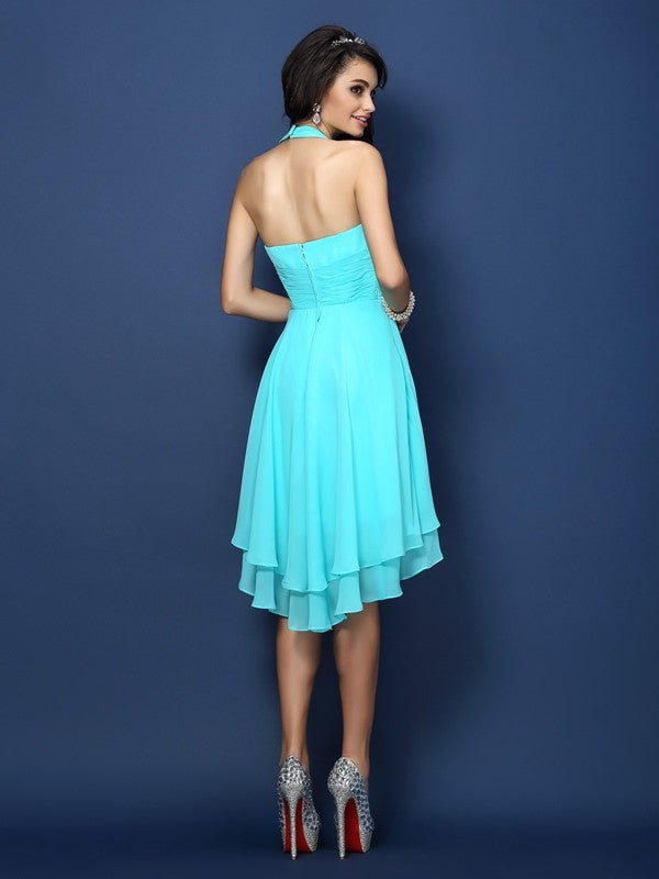 Side view of a woman wearing the A-Line halter pleated short chiffon bridesmaid dress.