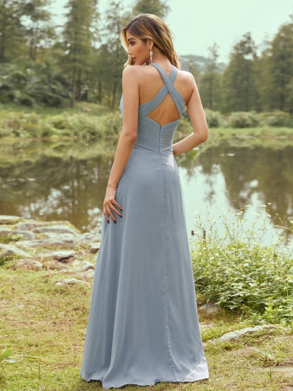 Side view of a flowing chiffon bridesmaid dress with a sweep train.