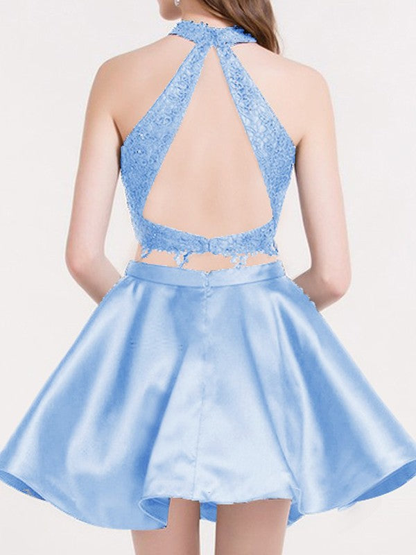 Woman posing in a Weitese A-line halter satin lace two-piece short dress.