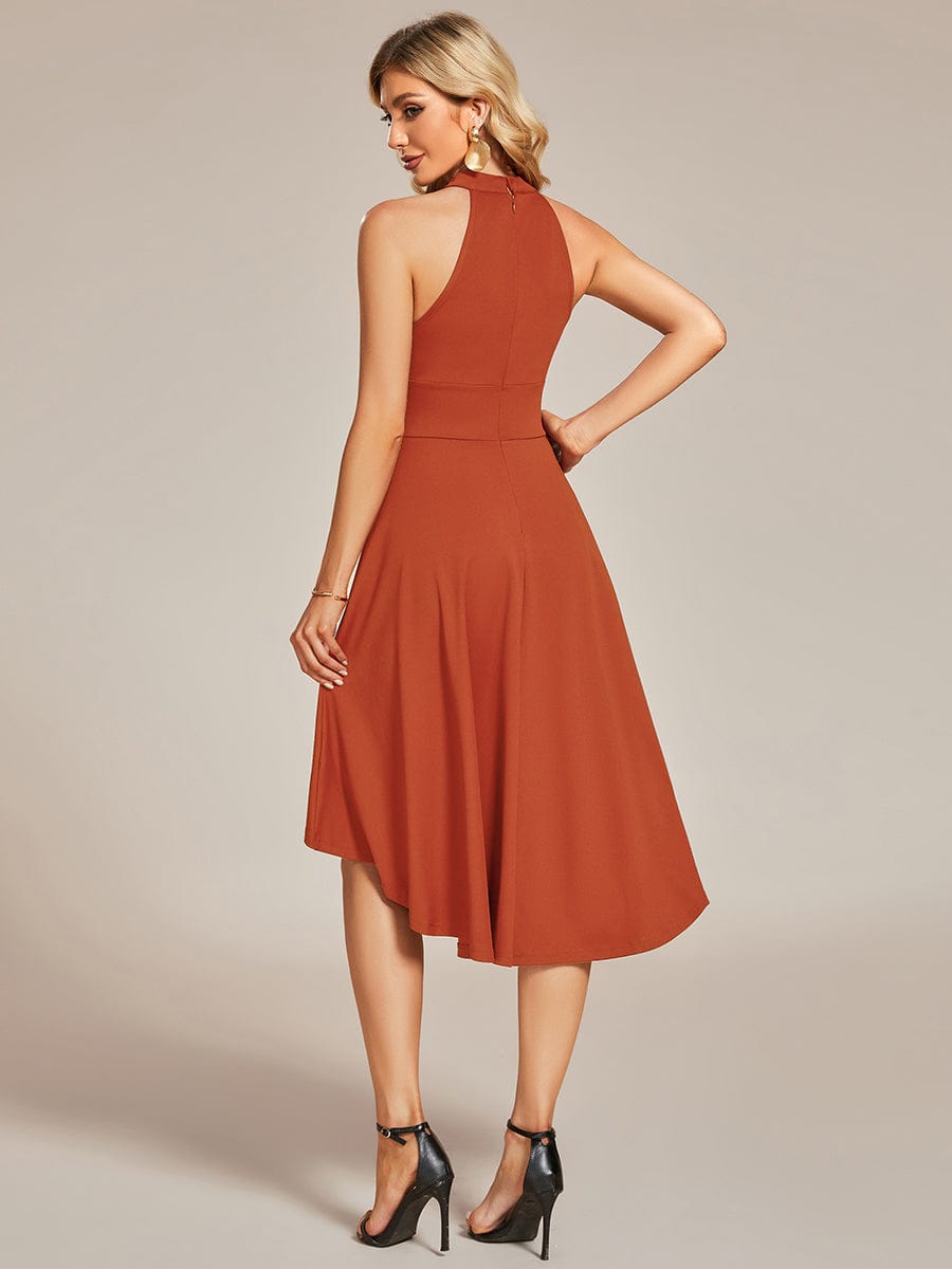 Back view of Weitese Halterneck A-Line dress in burgundy.