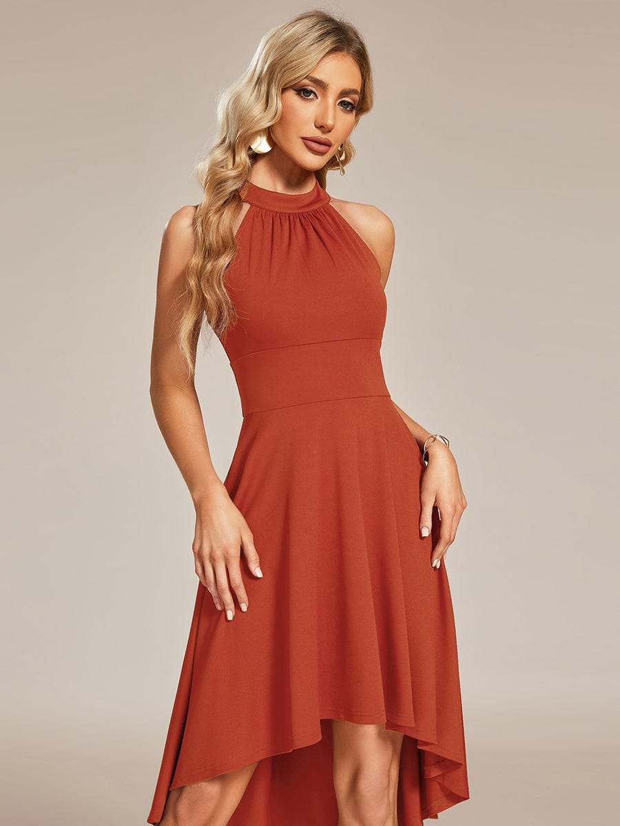 Side view of Weitese Halterneck A-Line dress in burgundy.