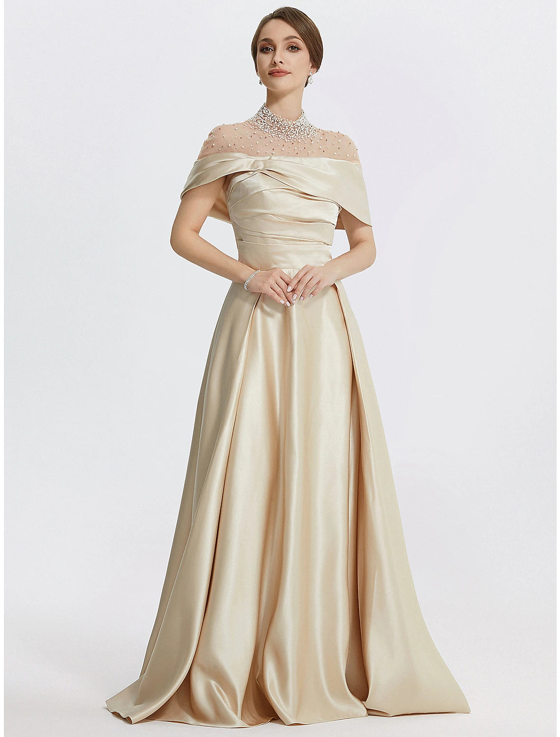 Model wearing a high-neck, sleeveless A-line evening gown with ruched details and pearls.