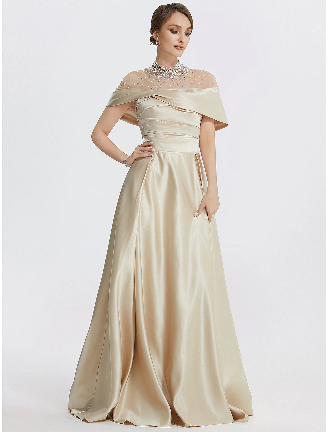 Side view of the model in the formal A-line dress, showcasing the silhouette.
