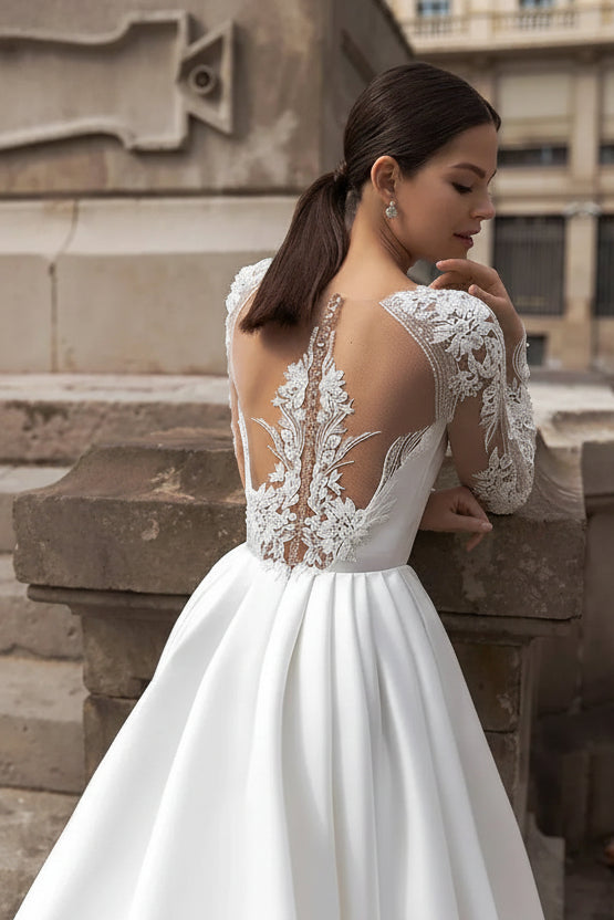 Elegant A-Line High Neck Long Sleeve Lace Appliqué Backless Satin Wedding Dress