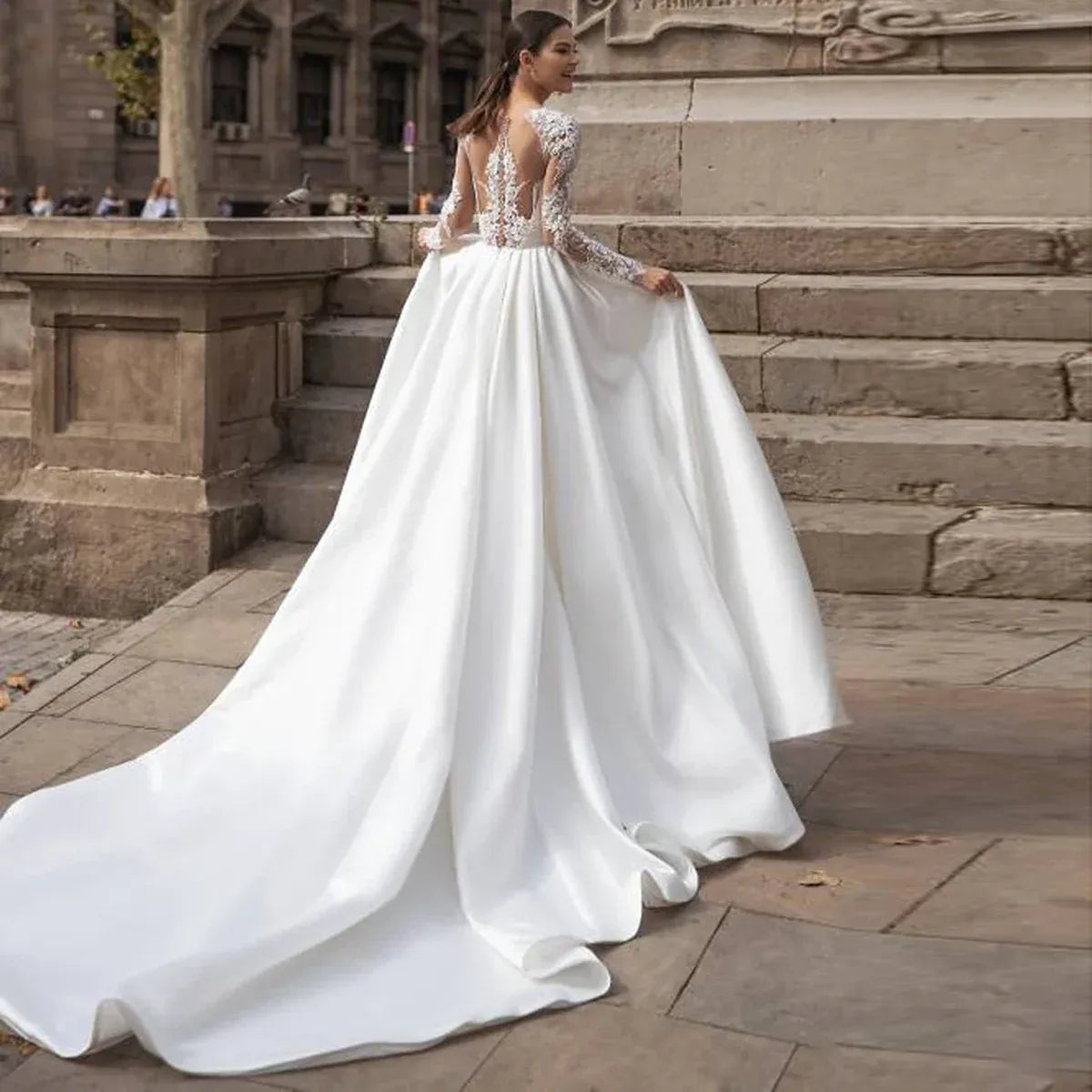 Elegant A-Line High Neck Long Sleeve Lace Appliqué Backless Satin Wedding Dress
