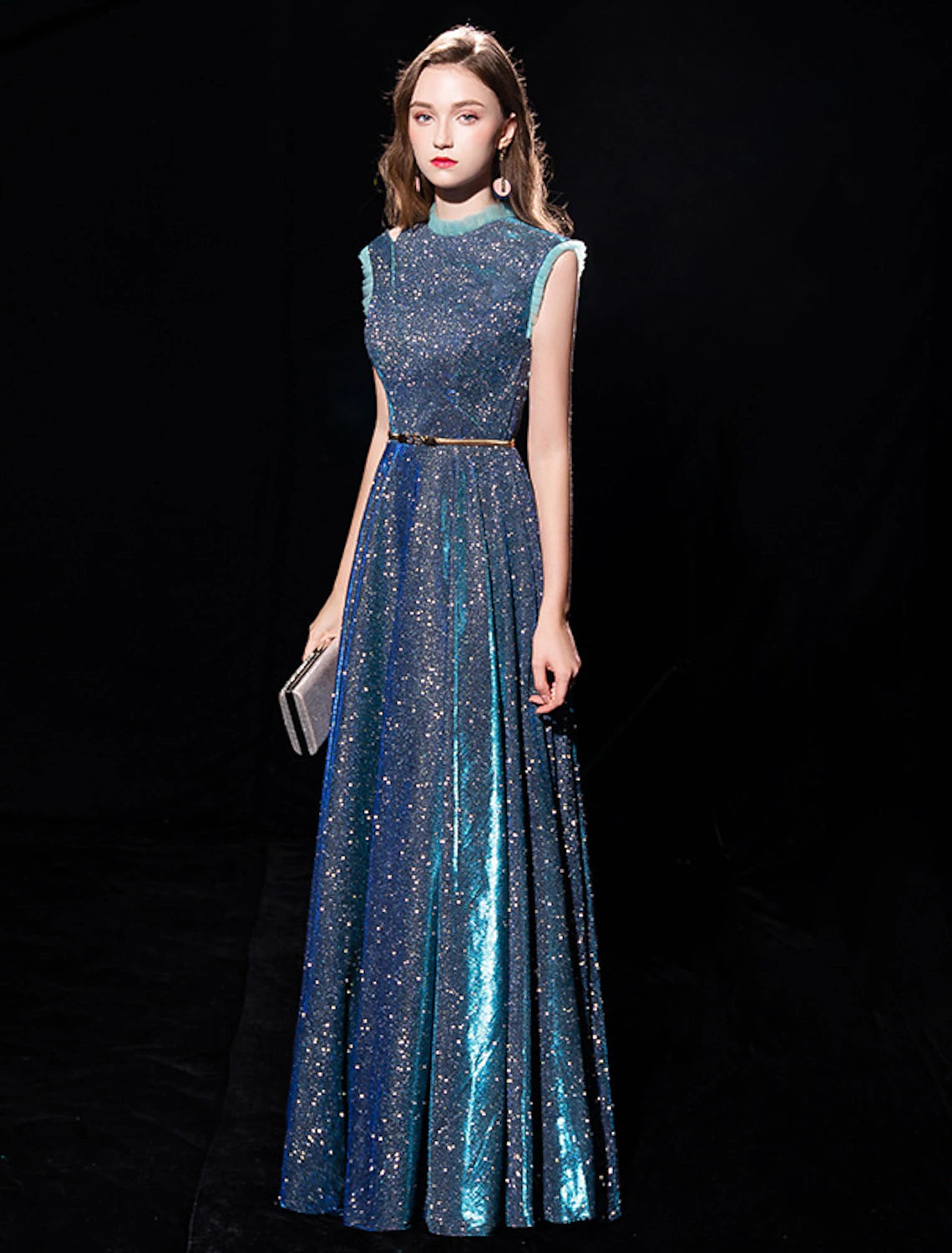 Elegant A-line high neck tulle gown with sash.