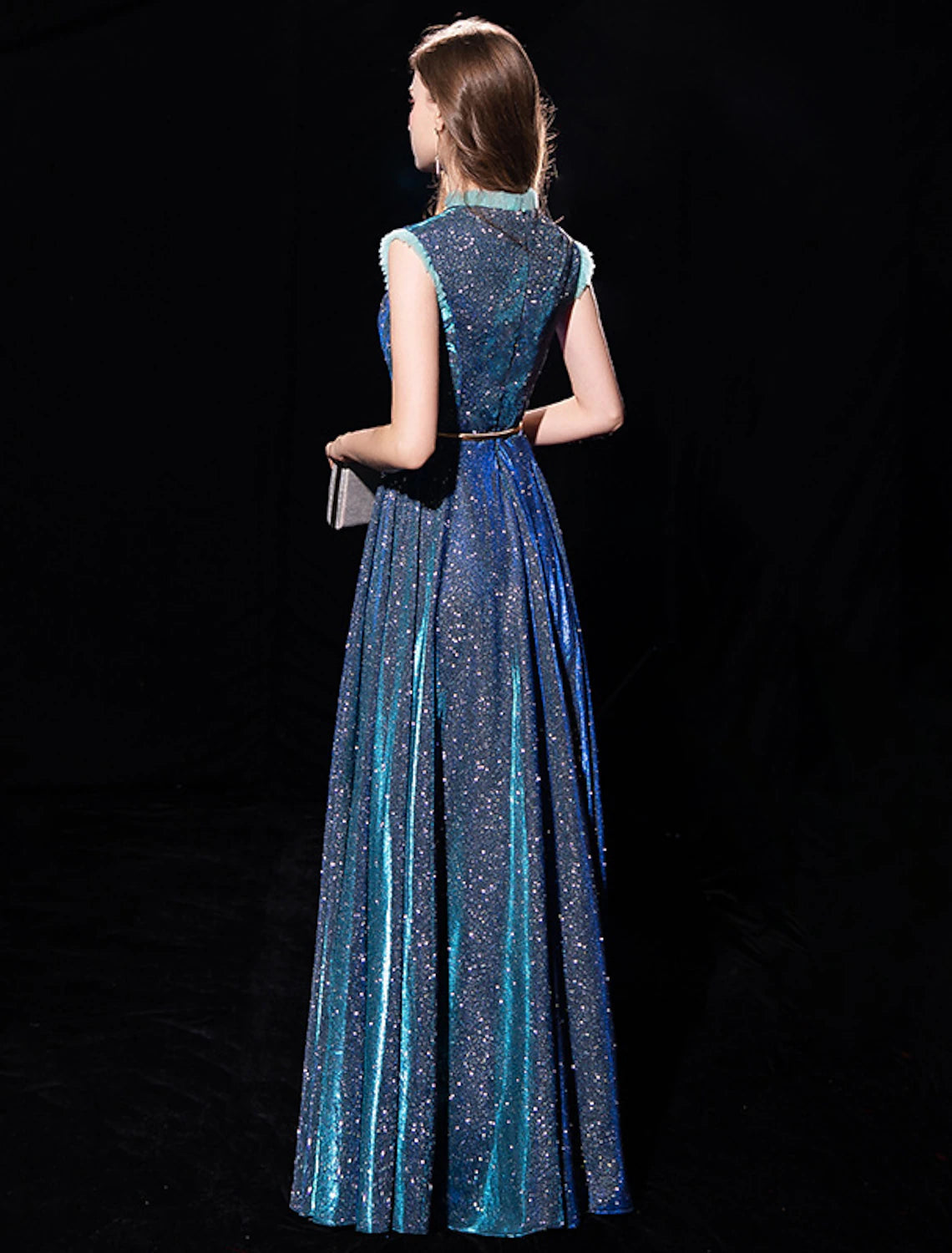 Back view of A-line high neck tulle gown.
