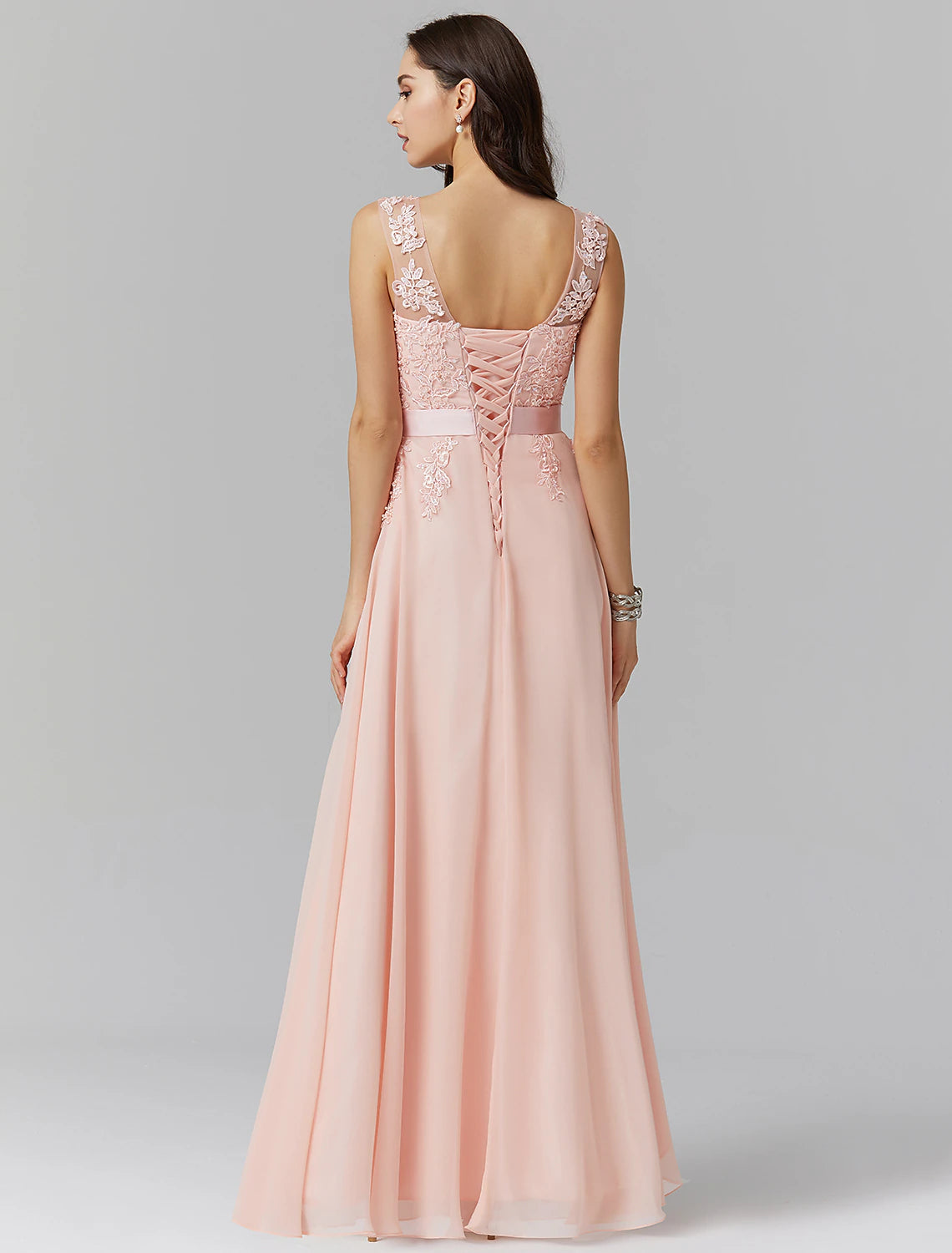 Back view of the A-line evening gown, highlighting applique details.