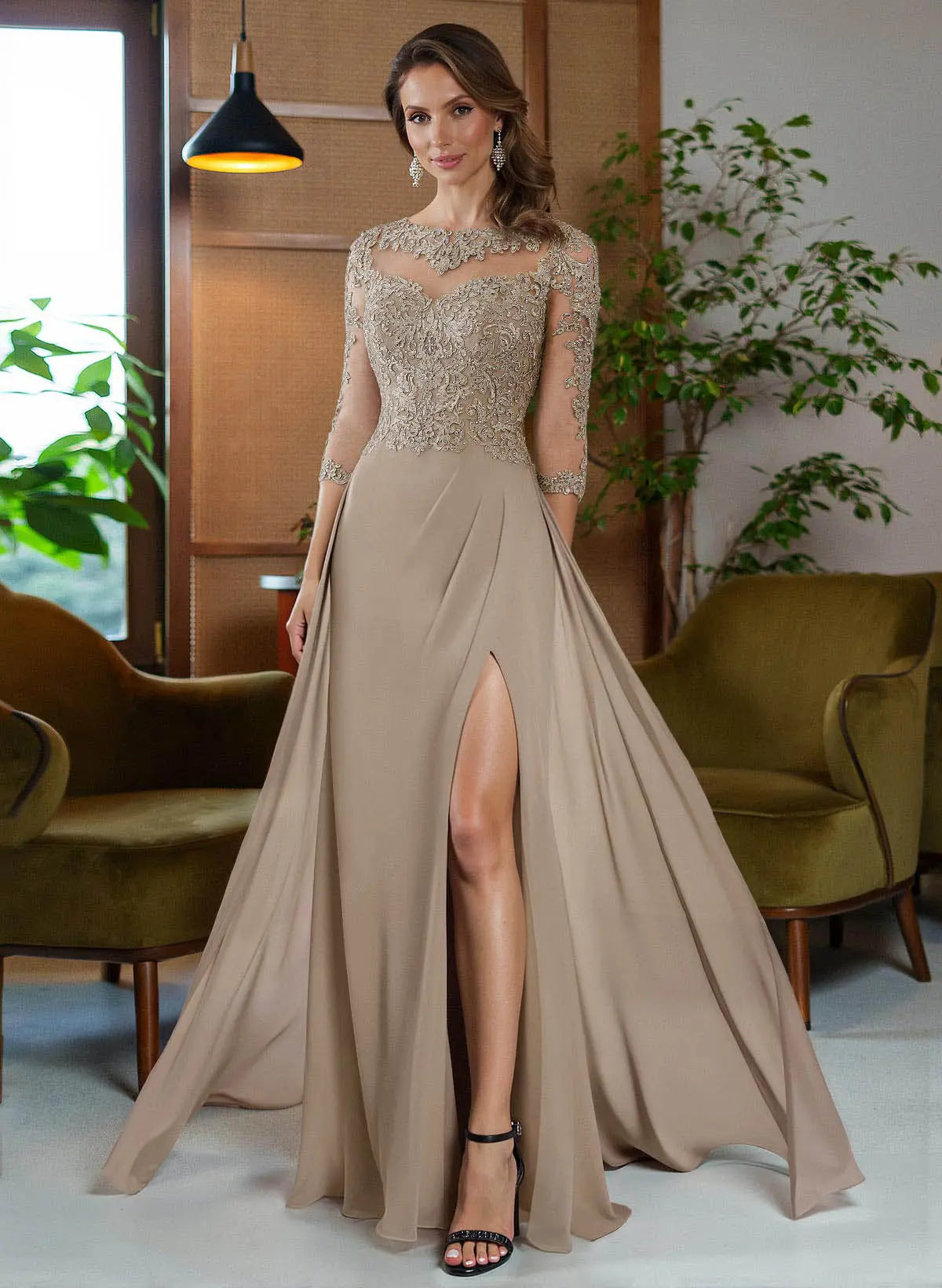 Elegant A-Line Illusion Neck Three-Quarter Sleeve Taupe Lace & Chiffon Mother of the Bride Dress