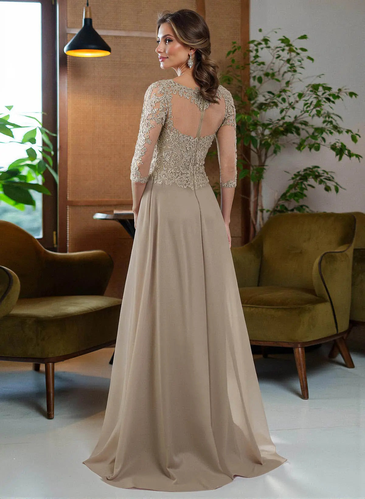 Elegant A-Line Illusion Neck Three-Quarter Sleeve Taupe Lace & Chiffon Mother of the Bride Dress