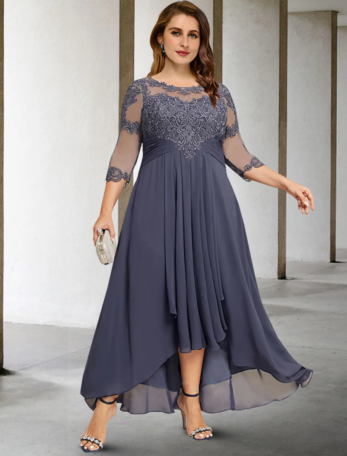 Elegant A-line plus size Mother of the Bride dress with jewel neck and 3/4 sleeves, front view.