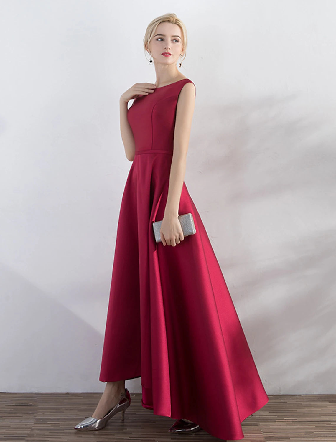 Back view of the Weitese A-line evening gown, highlighting its sleek silhouette.