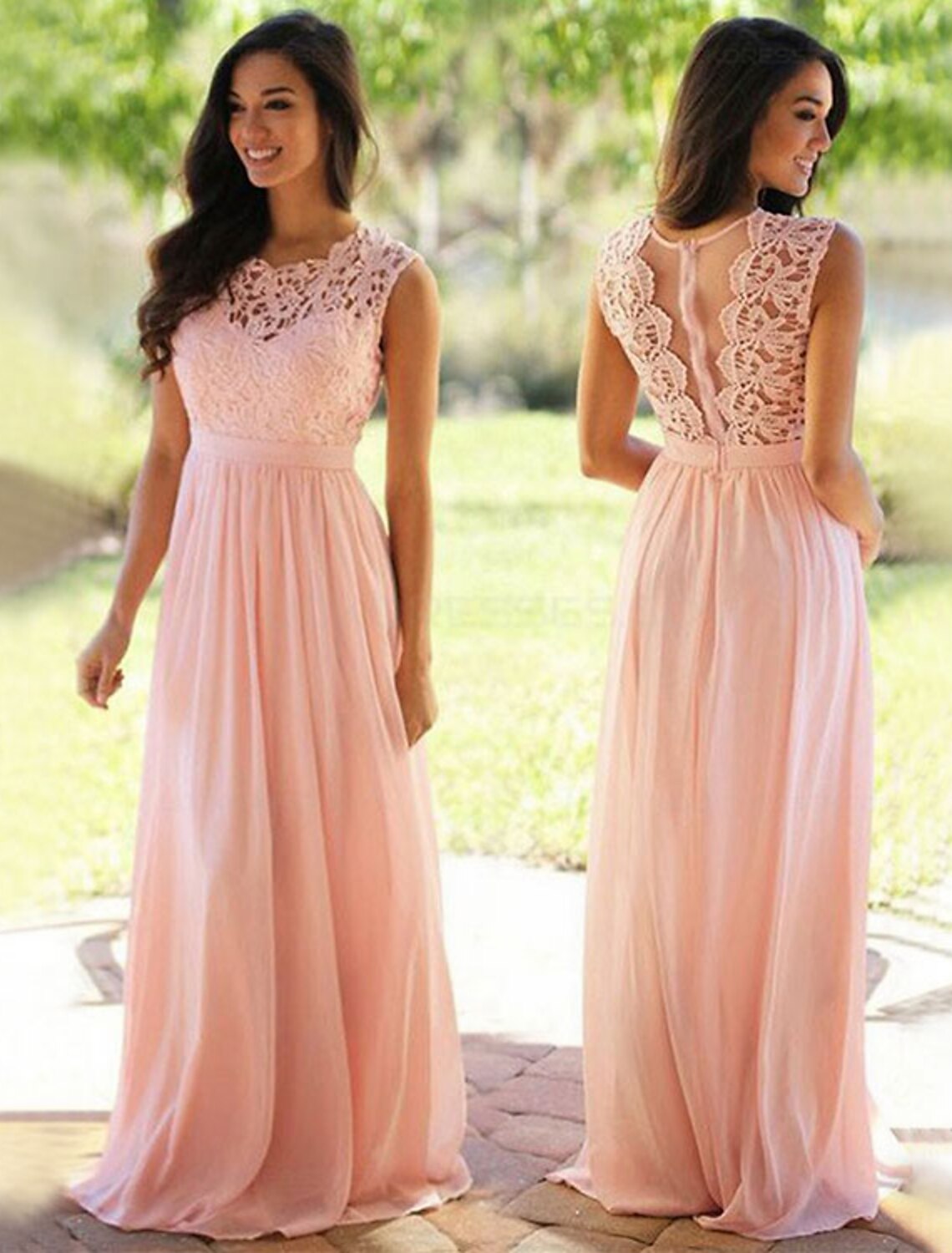 Woman wearing an elegant blue A-line chiffon bridesmaid dress with a jewel neck.