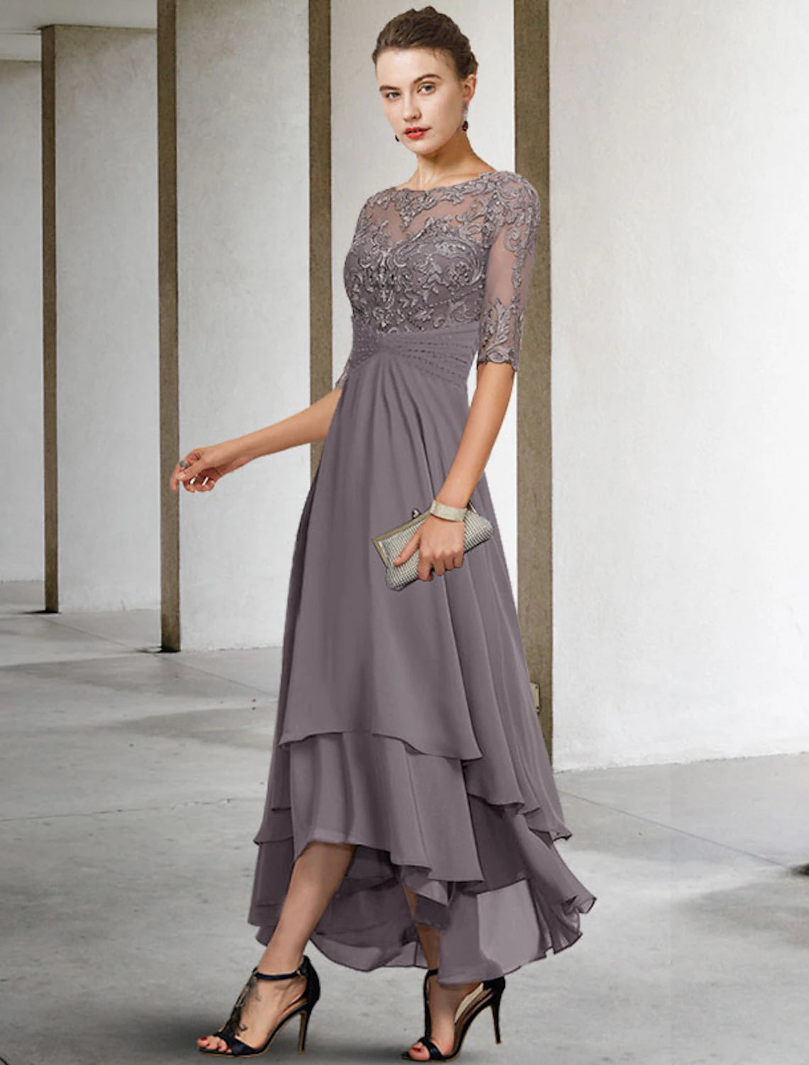 Back view of the high-low asymmetrical mother of the bride dress.