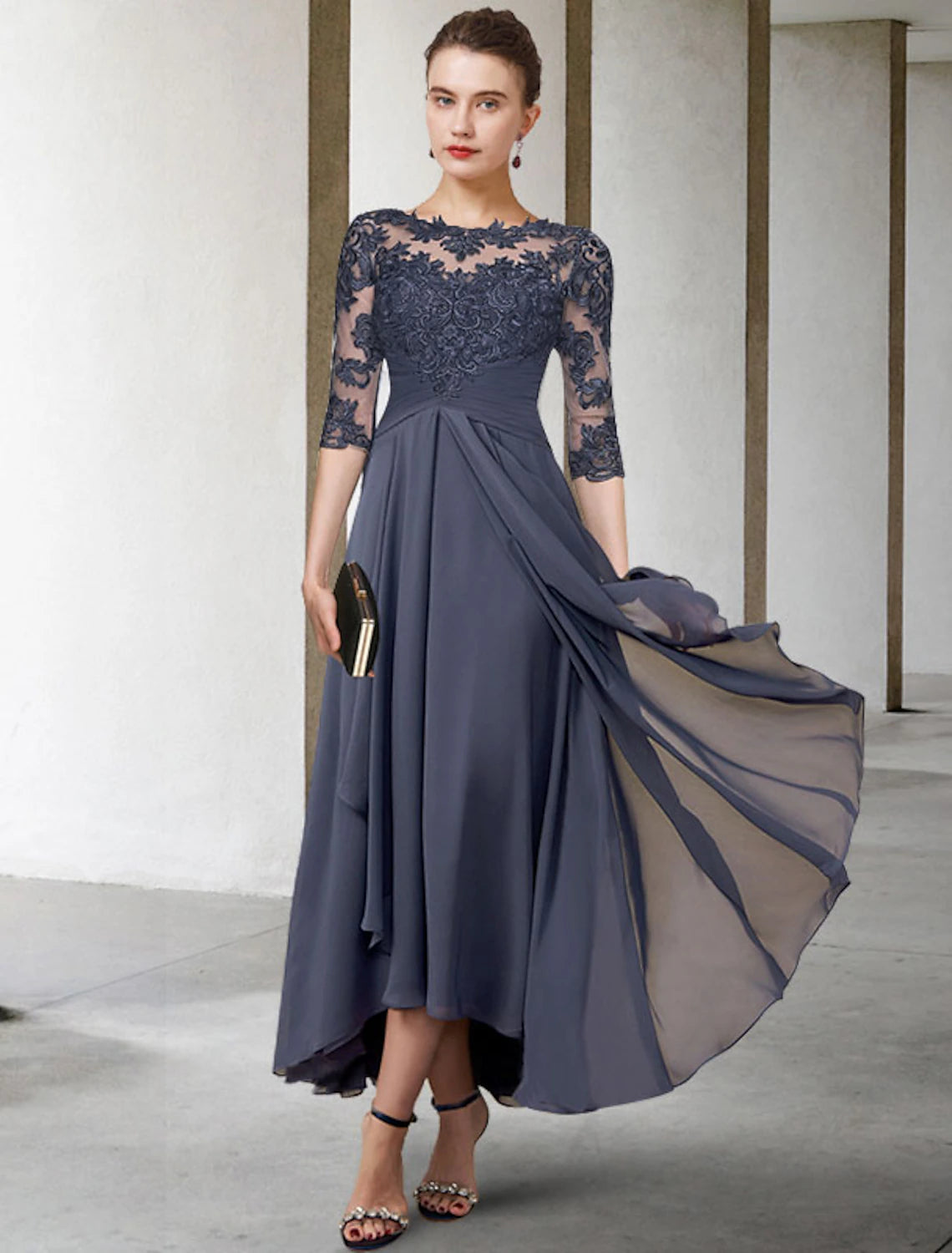Weitese A-Line Mother of the Bride dress, front view with jewel neck and half sleeves.