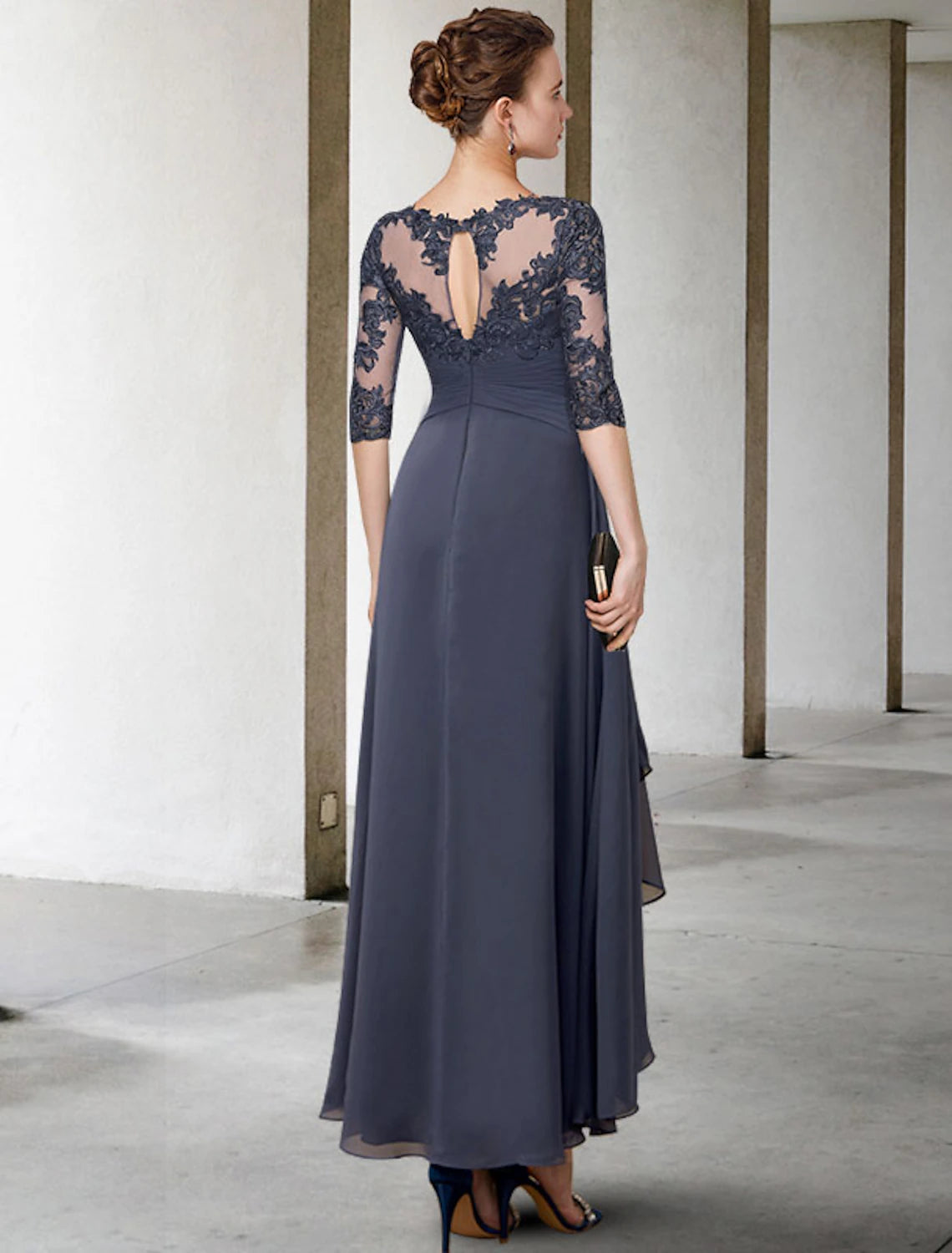 Side view of the Weitese A-Line dress, showcasing high-low hem and chiffon lace details.