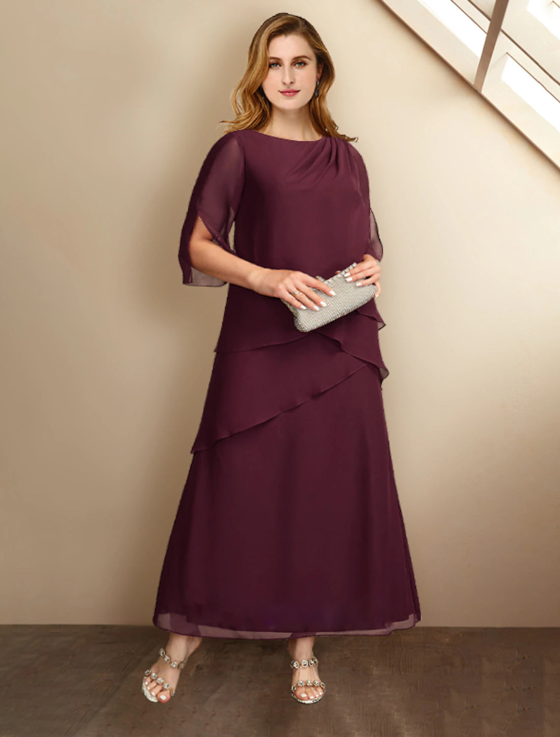 Weitese A-line mother of the bride dress with half sleeves and jewel neck.
