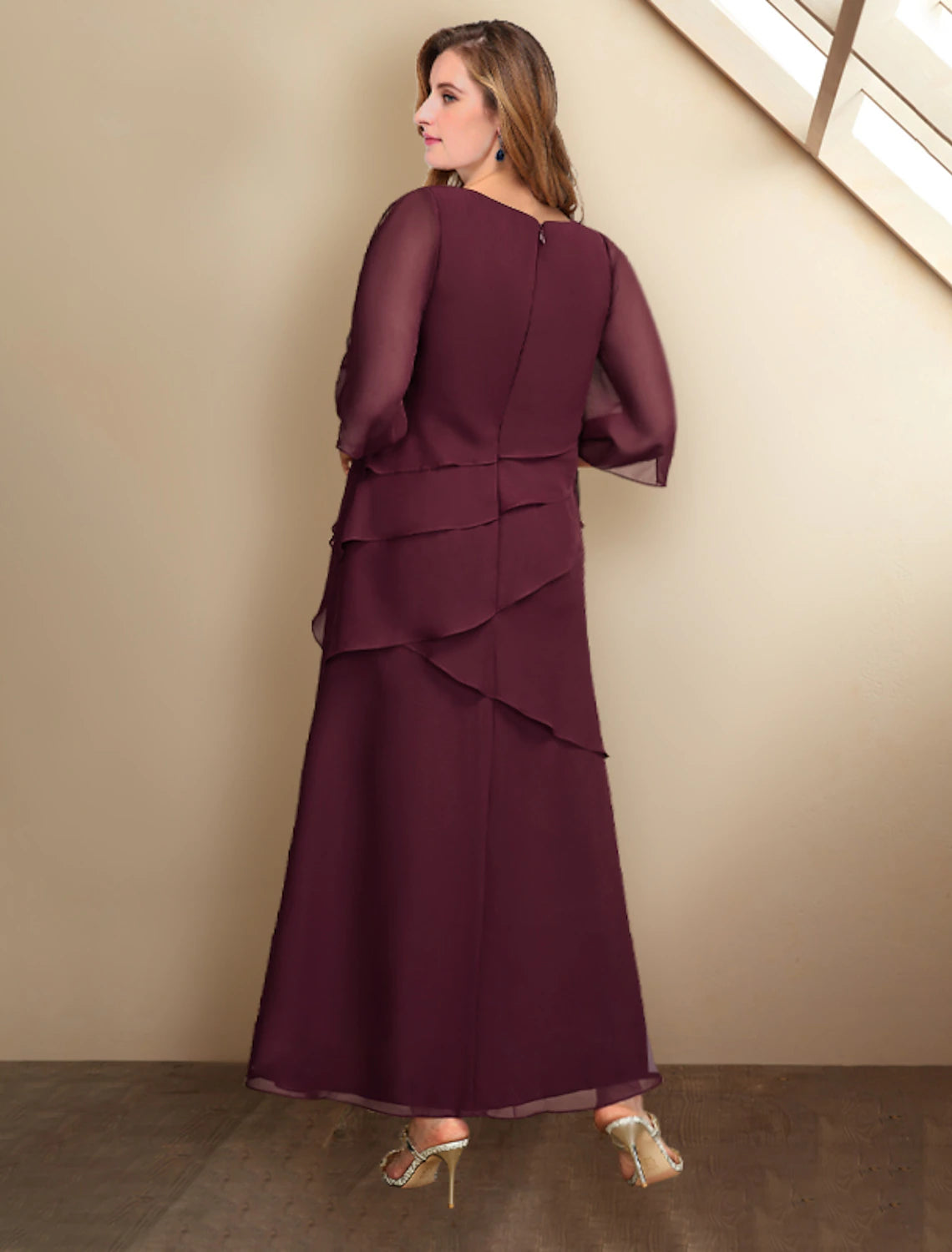 Side view of elegant A-line chiffon dress with ankle length.
