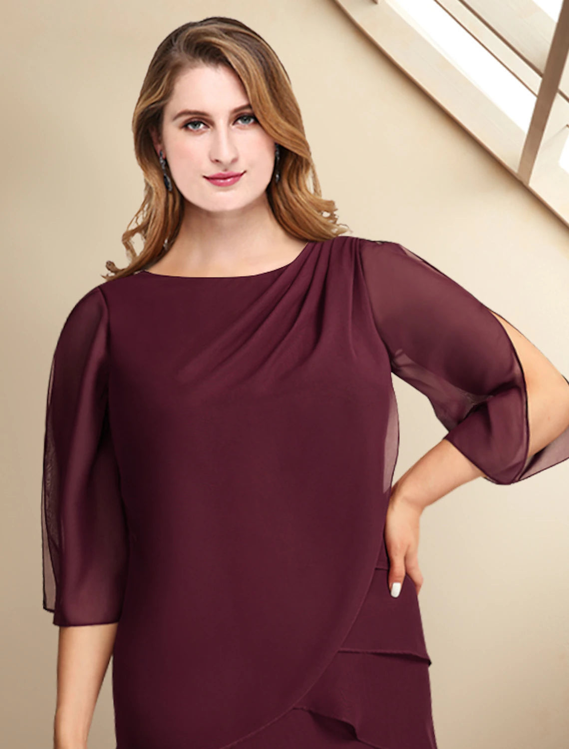 Back view of plus size A-line formal dress with ruffles.
