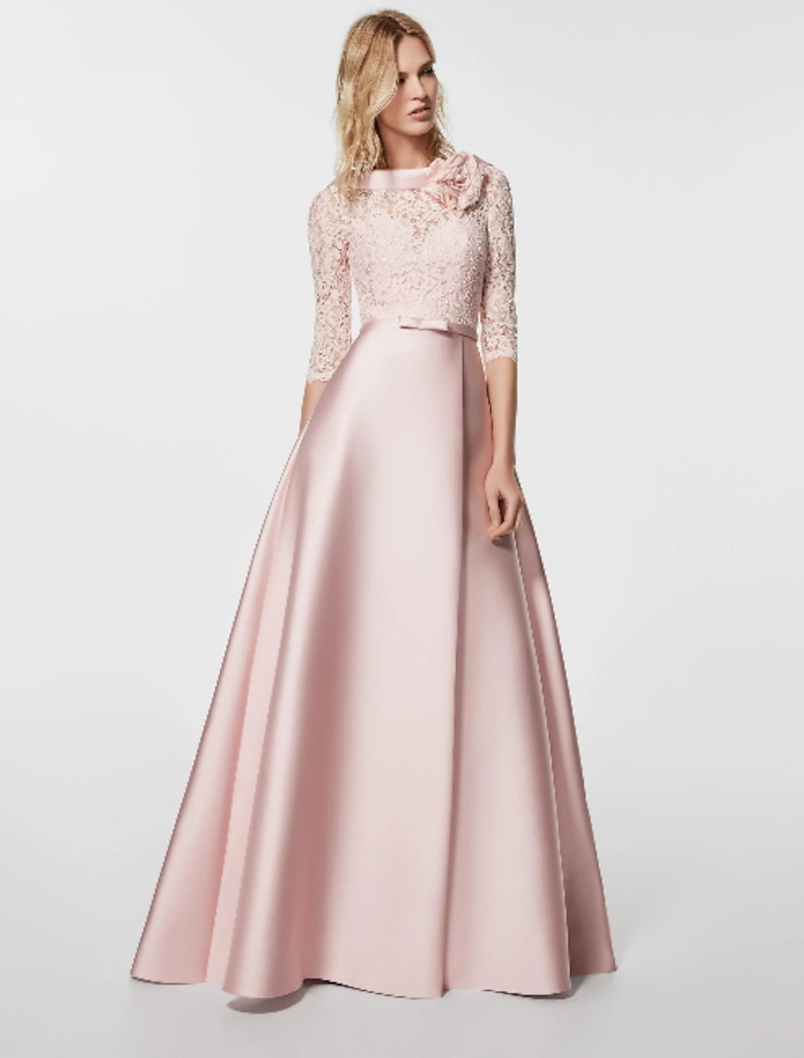 Elegant A-line satin evening gown with half sleeves and a jewel neck.