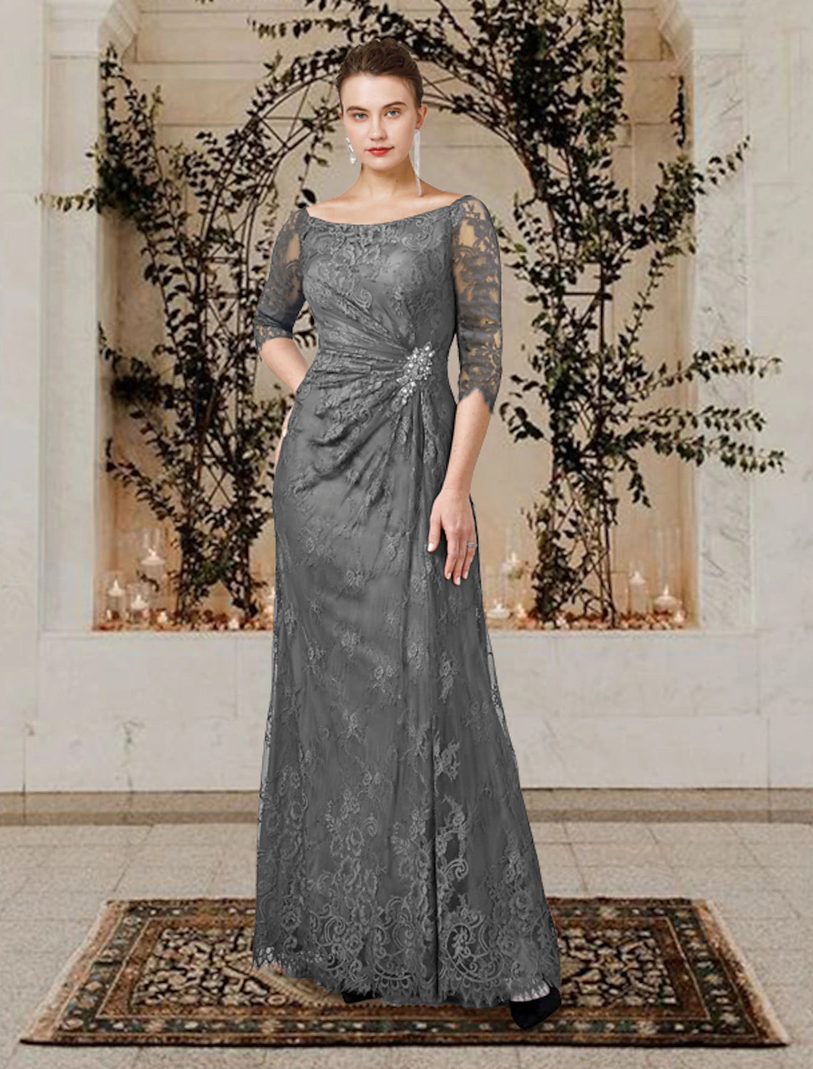 Model wearing a side-draped A-line lace dress with short sleeves and a jewel neck.