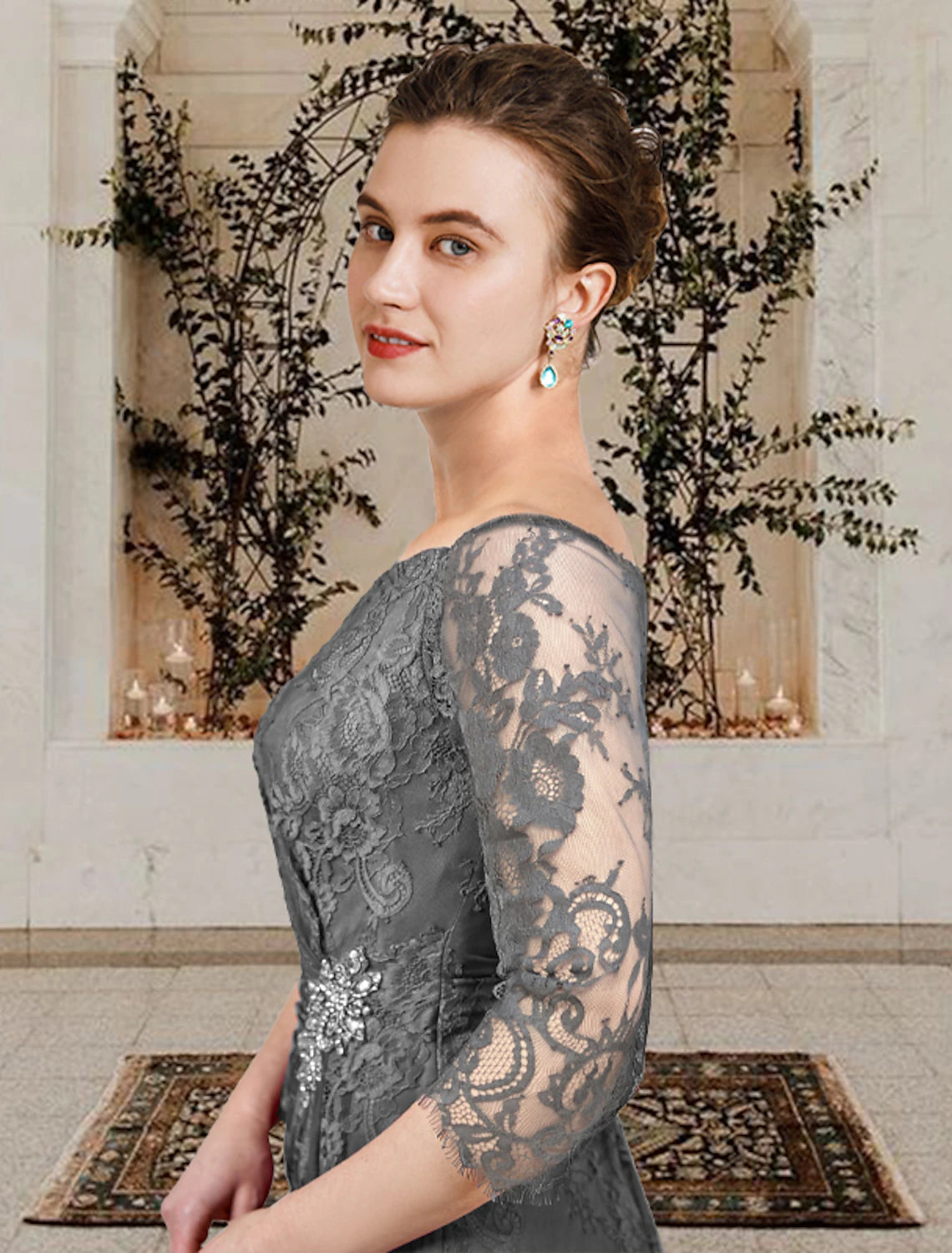 Back view of the A-line formal gown with short sleeves.