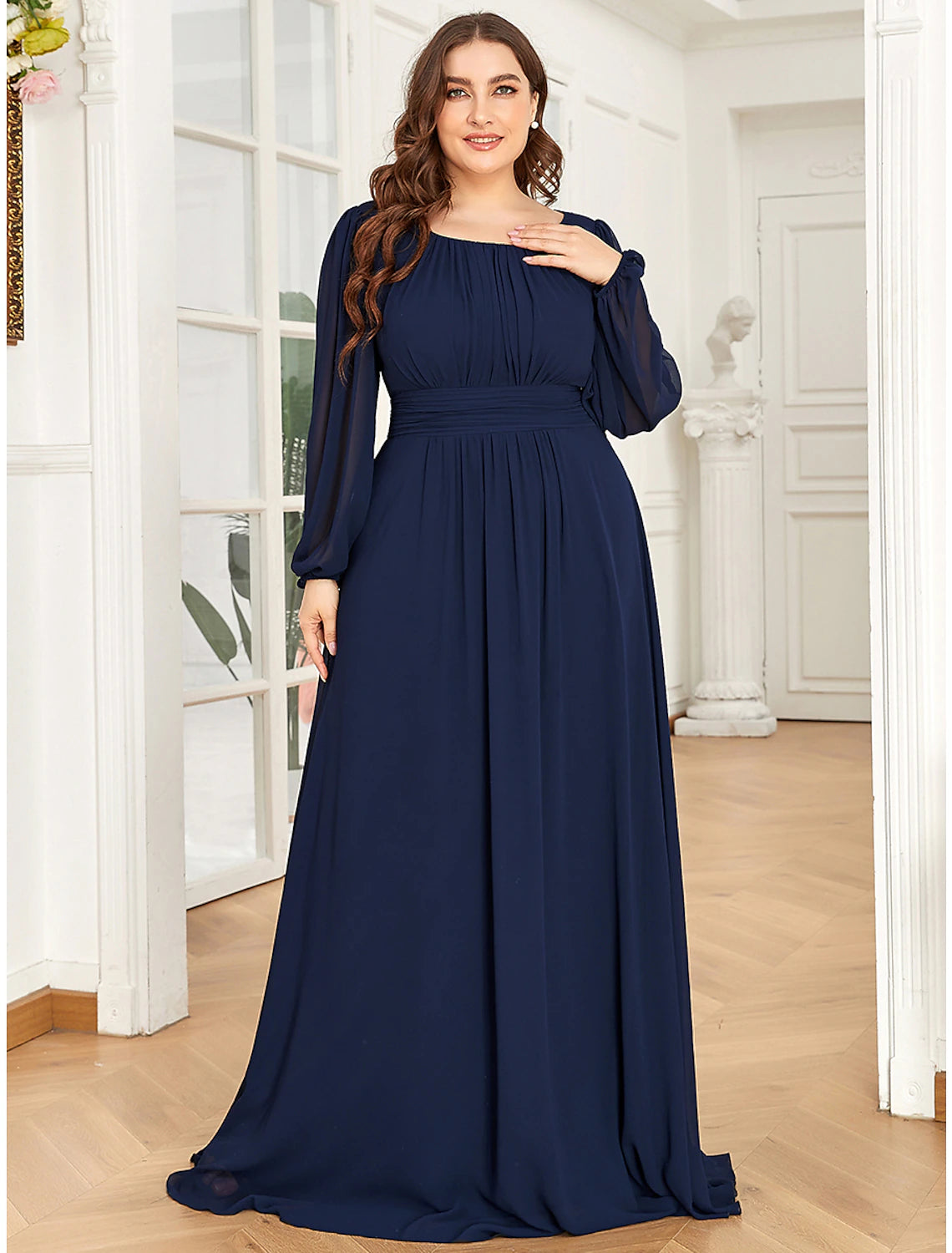 Full-length view of the elegant A-line chiffon evening gown in a solid color.