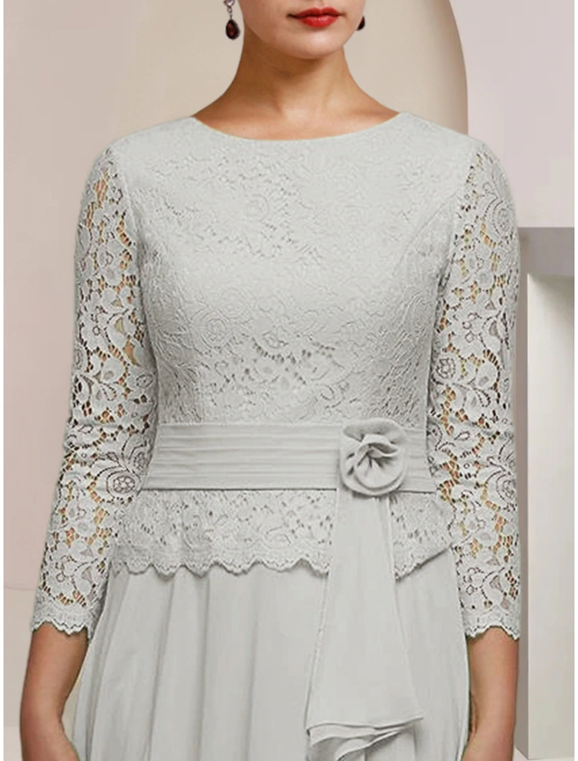 Back view of the long sleeve formal dress with delicate lace appliques.