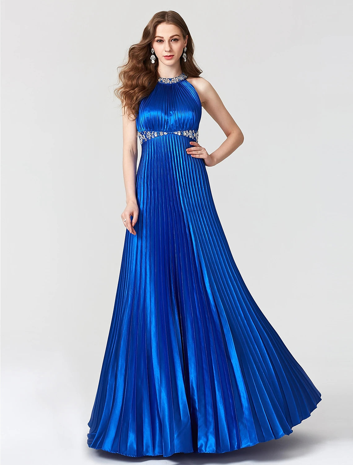 Full view of the elegant A-line satin dress with jewel neck and beautiful back.
