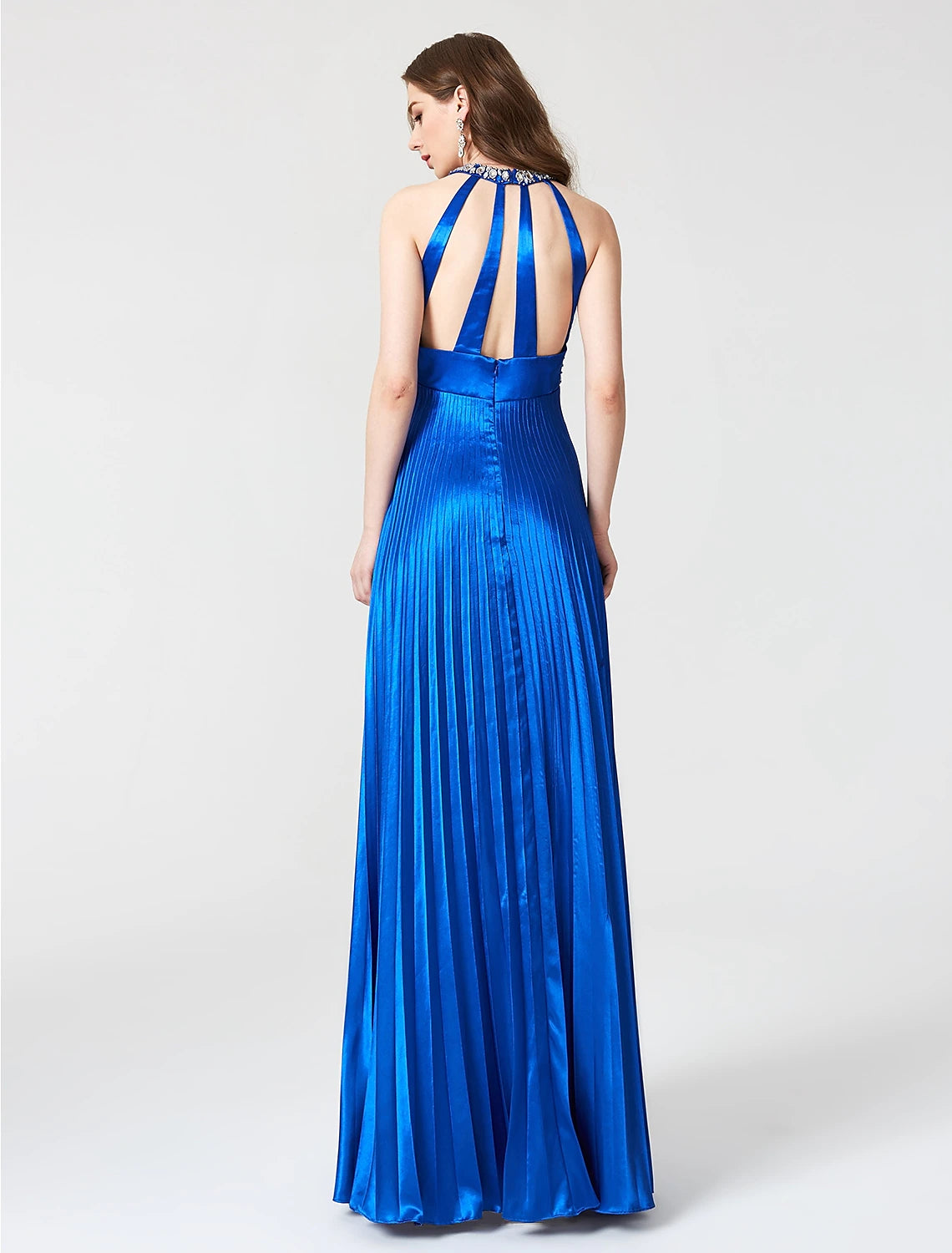 Close-up of the beautiful back design and beading on the A-line dress.