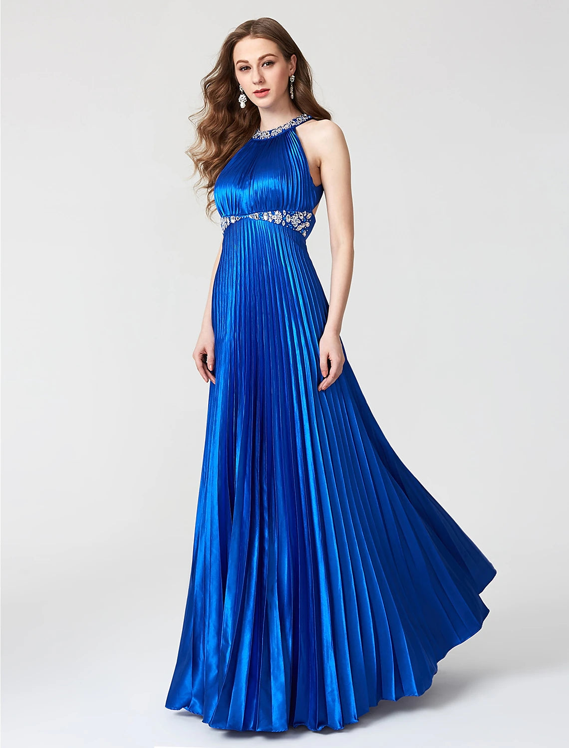 Side view of the floor-length A-line dress, highlighting the pleats.