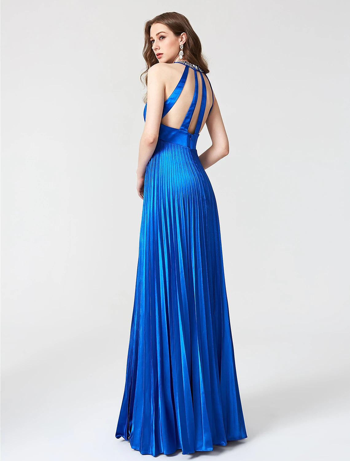 Front view of the sleeveless jewel neck satin dress.