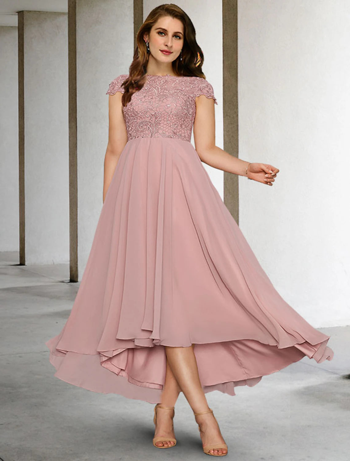 Elegant A-line mother of the bride dress with short sleeves and jewel neck.