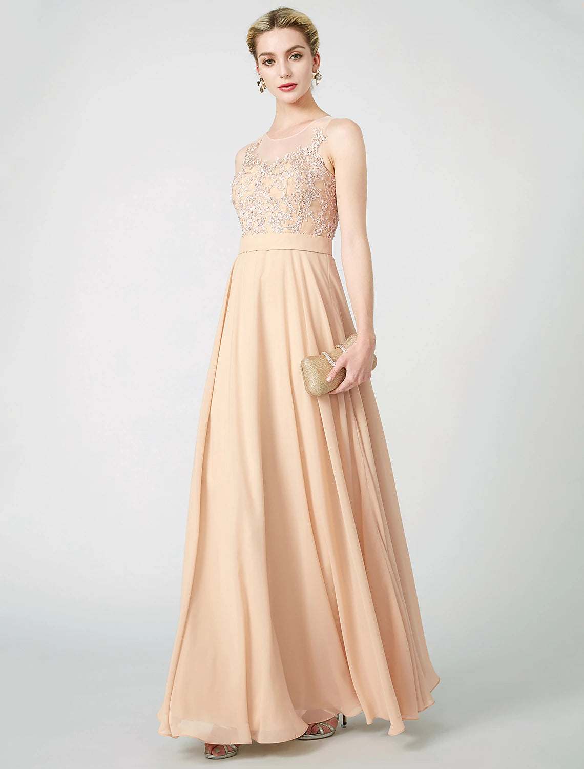 Elegant A-Line chiffon dress with keyhole illusion neckline and beaded lace.