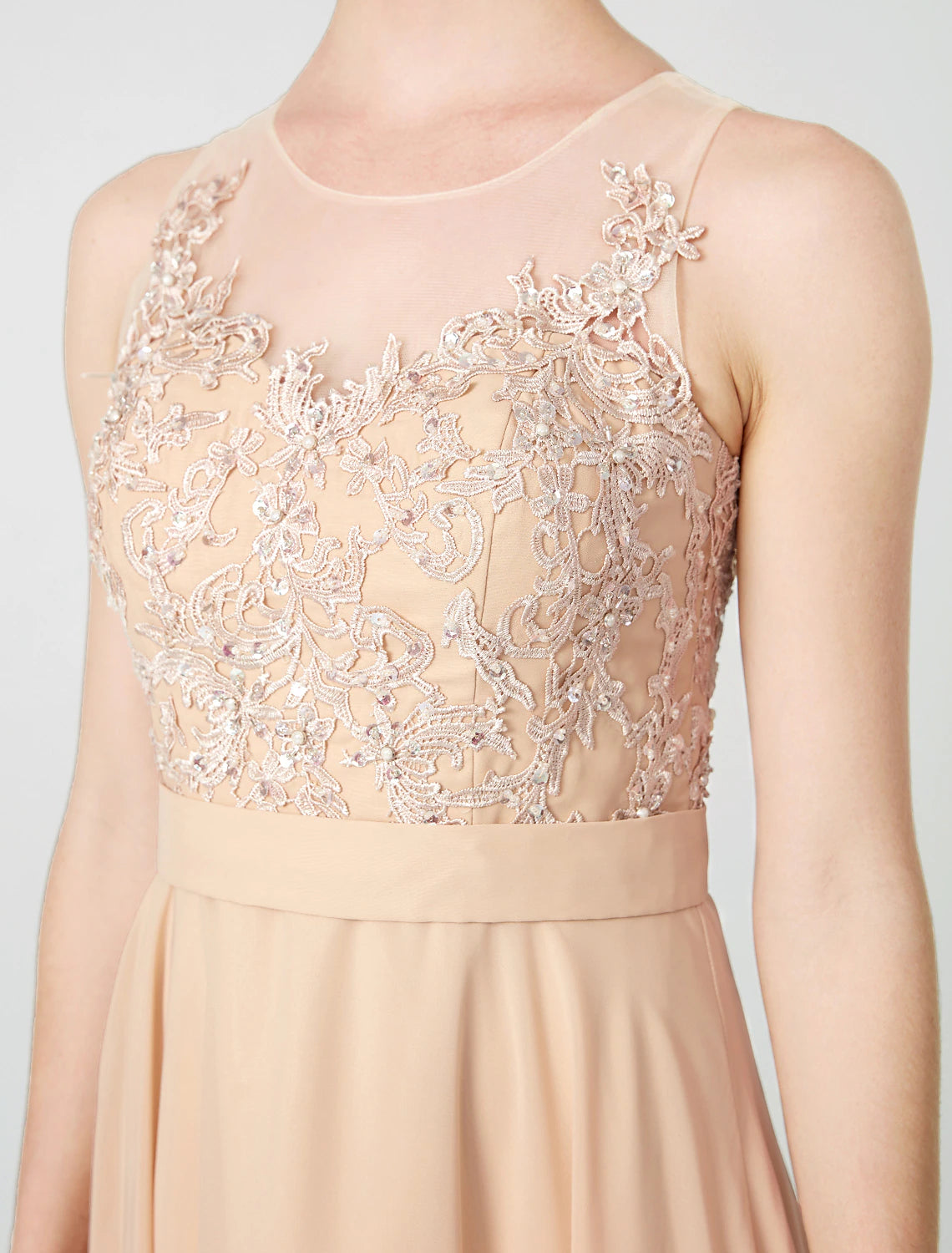 Full length view of the A-line chiffon dress, showcasing its elegant silhouette.